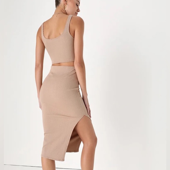 Lulus Set For Life Tan Ribbed Bodycon Two-Piece Dress - Picture 2 of 5